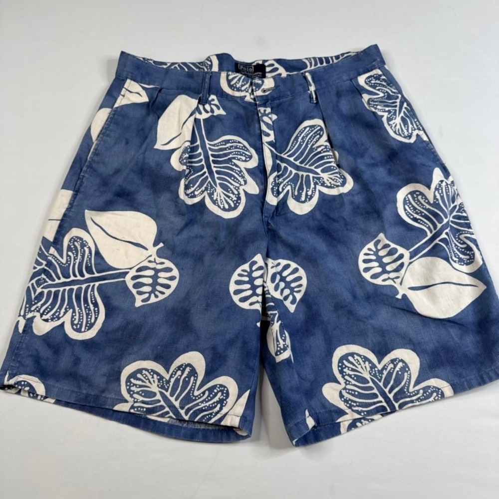 Vtg Polo Ralph Lauren Shorts Mens 33 Blue Tropical Hawiian Pleated Linen USA